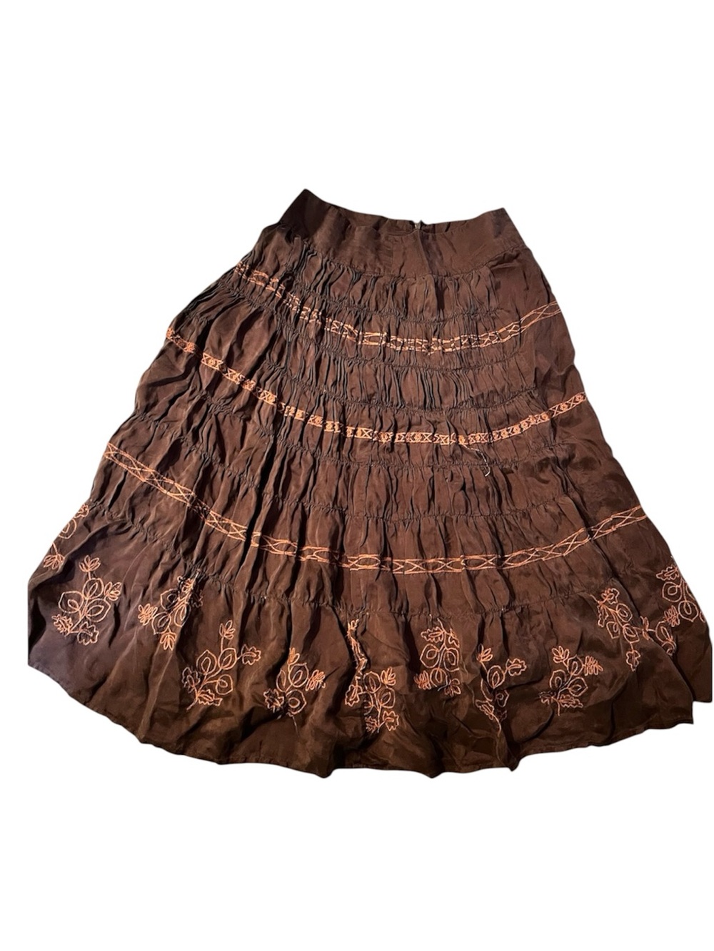 Vintage Y2K early 2000s silk Brown Embroidered Tiered Maxi Skirt
